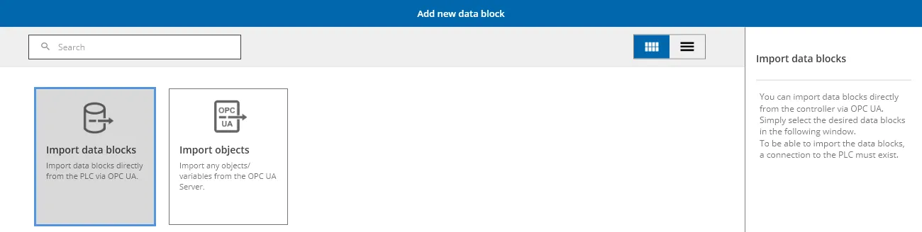 DataSuite dialog “Add new data block” for an S7 controller via OPC UA with the tiles “Import data blocks” and “Import objects”