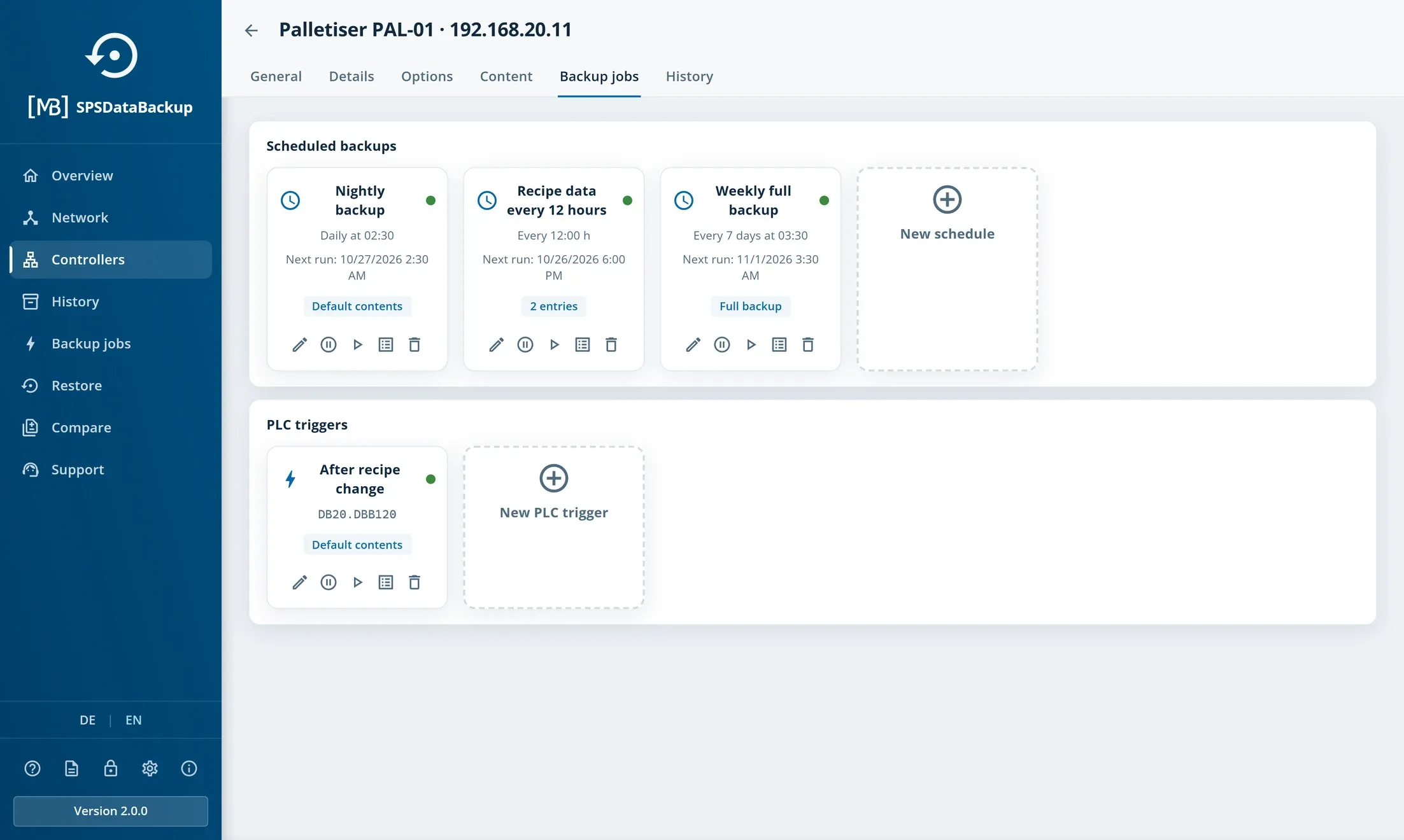 Backup jobs of the palletiser: three schedules (nightly, recipe data every 12 hours, weekly full backup) and a PLC trigger after a recipe change