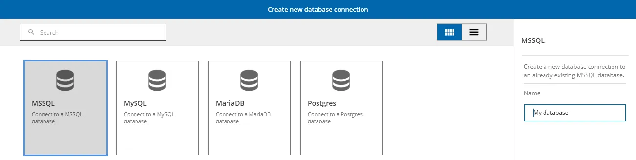 Connecting the database: “Create new database connection” dialog in DataSuite with MSSQL selected