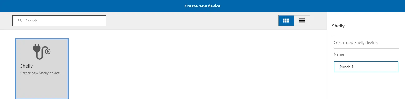 The “Create new device” dialog in DataSuite with Shelly selected and the name “Punch 1”