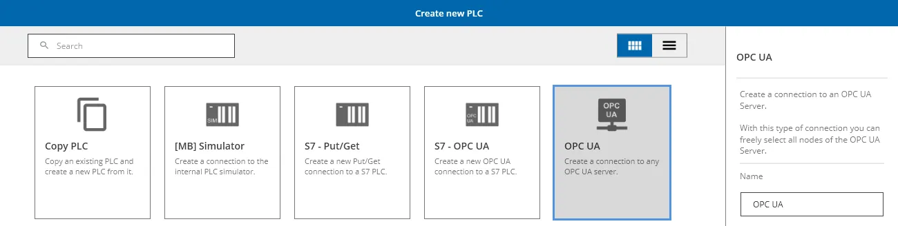 DataSuite dialog “Create new PLC” with the OPC UA tile selected