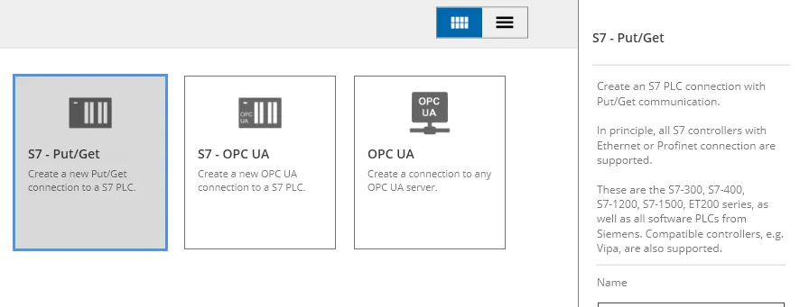 Adding a PLC in DataSuite 3: connection types S7 - Put/Get, S7 - OPC UA and OPC UA, S7 - Put/Get selected