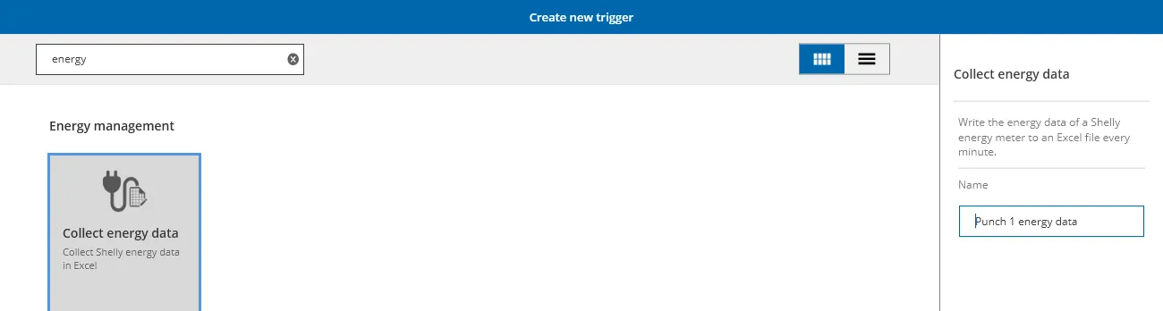 The “Create new trigger” dialog in DataSuite: search “energy”, template “Collect energy data”, name “Punch 1 energy data”