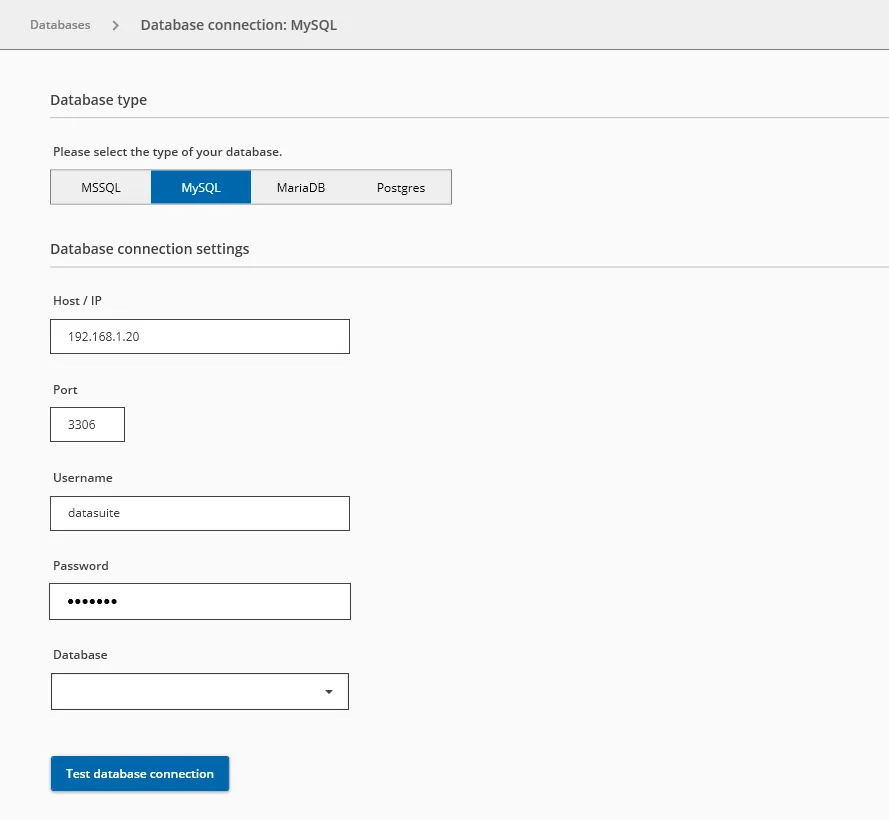 DataSuite database connection with MySQL selected and the fields host, port, username, password and database