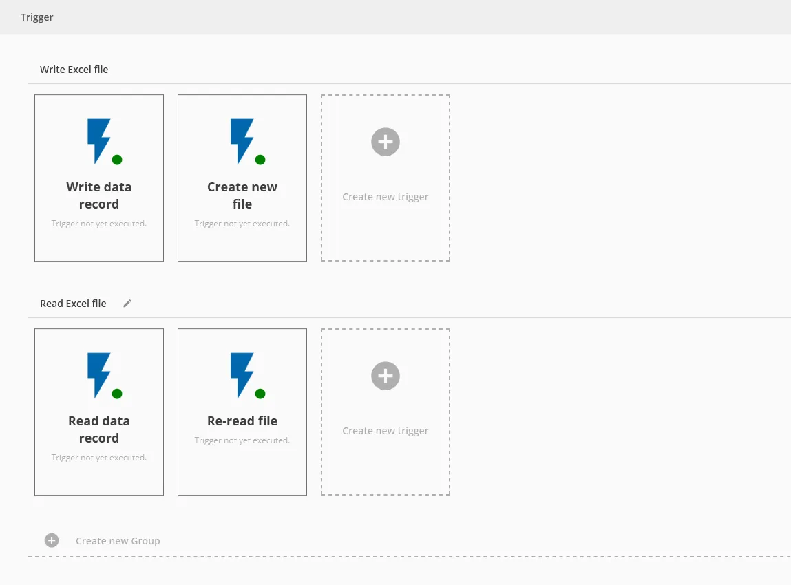 Default triggers in DataSuite: Write data record, Create new file, Read data record and Re-read file