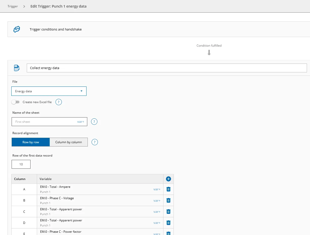 Editing the “Punch 1 energy data” trigger in DataSuite: “Collect energy data” action with file, sheet and column assignments