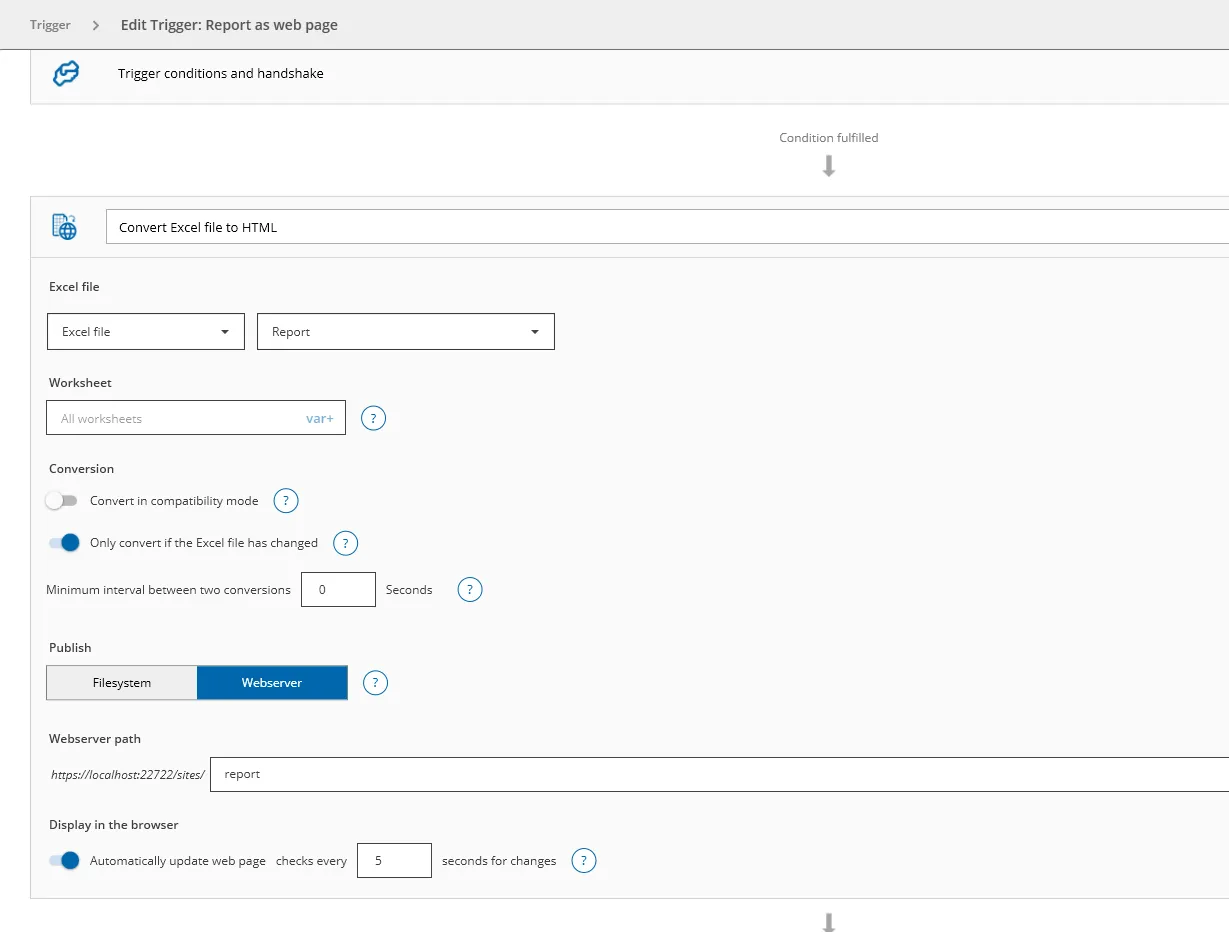 Configuring a trigger that converts the Excel file Report into an HTML file and publishes it on the web server under the path “report”