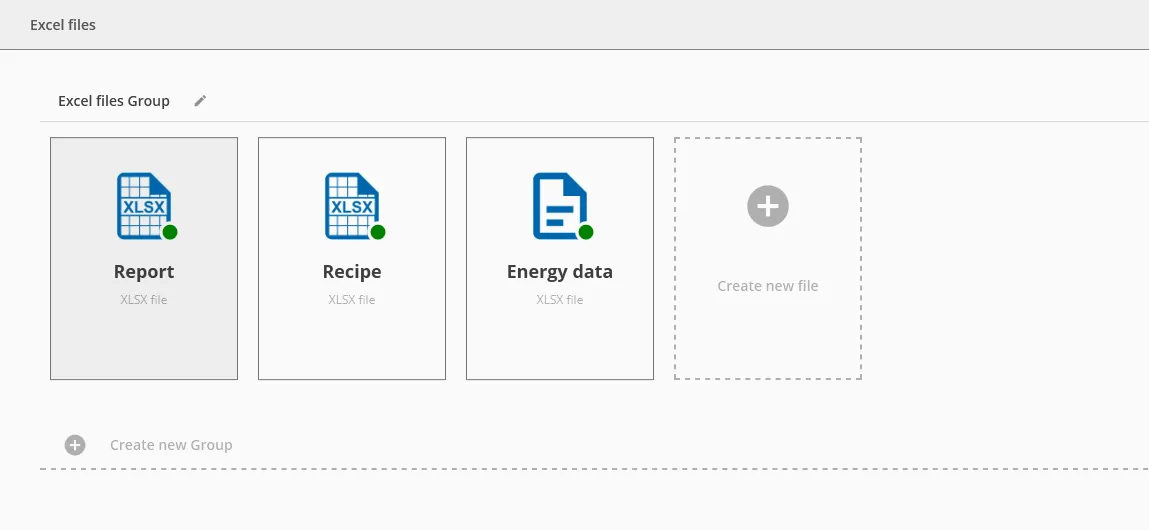 “Excel files” page in DataSuite with the files Report, Recipe and Energy data and the “Create new file” tile