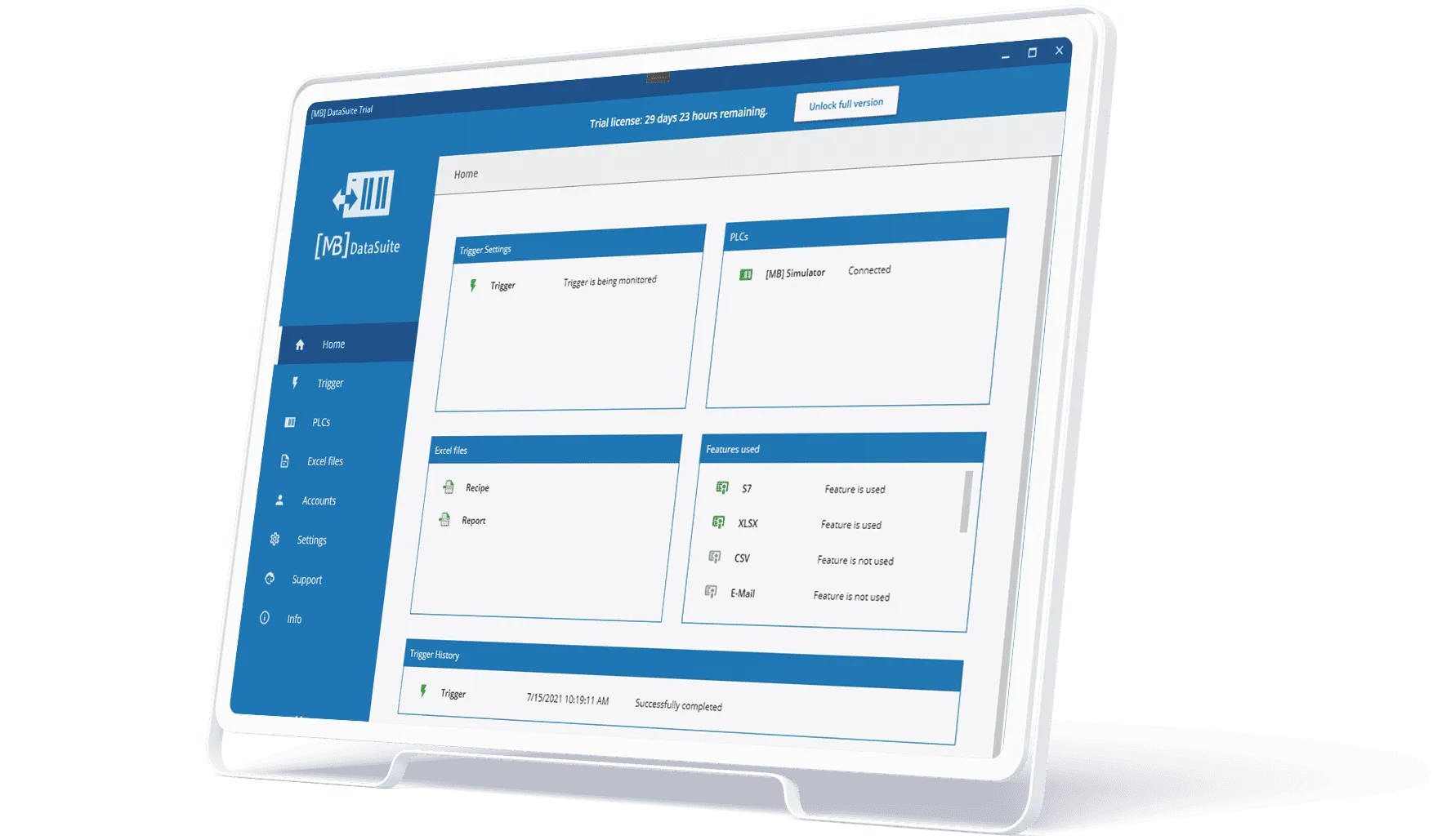 DataSuite 3 start page on a tablet with trigger settings, PLCs, Excel files and trigger history