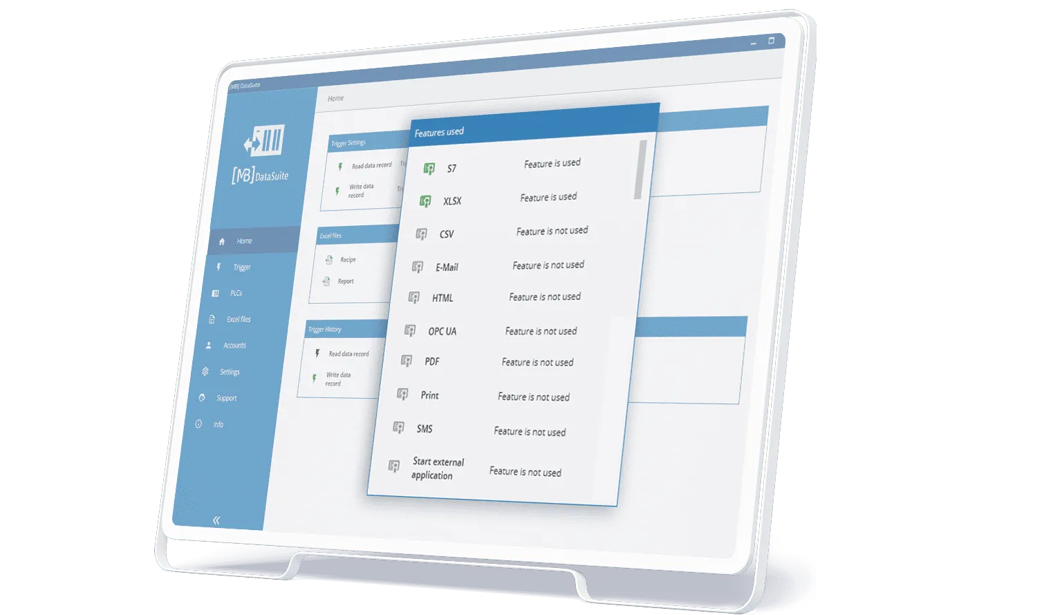 DataSuite 3 auf einem Tablet mit der Liste der genutzten Funktionen, von S7 und XLSX bis SMS