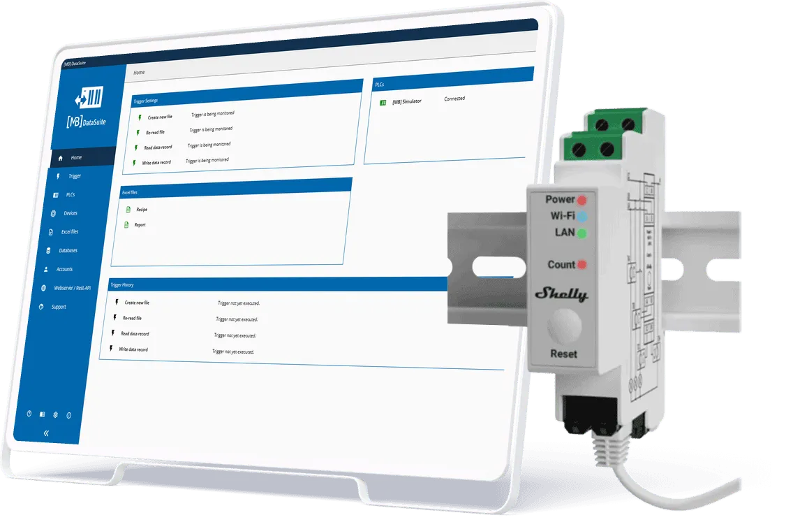 DataSuite 3 home screen on a tablet next to a Shelly energy meter on a DIN rail