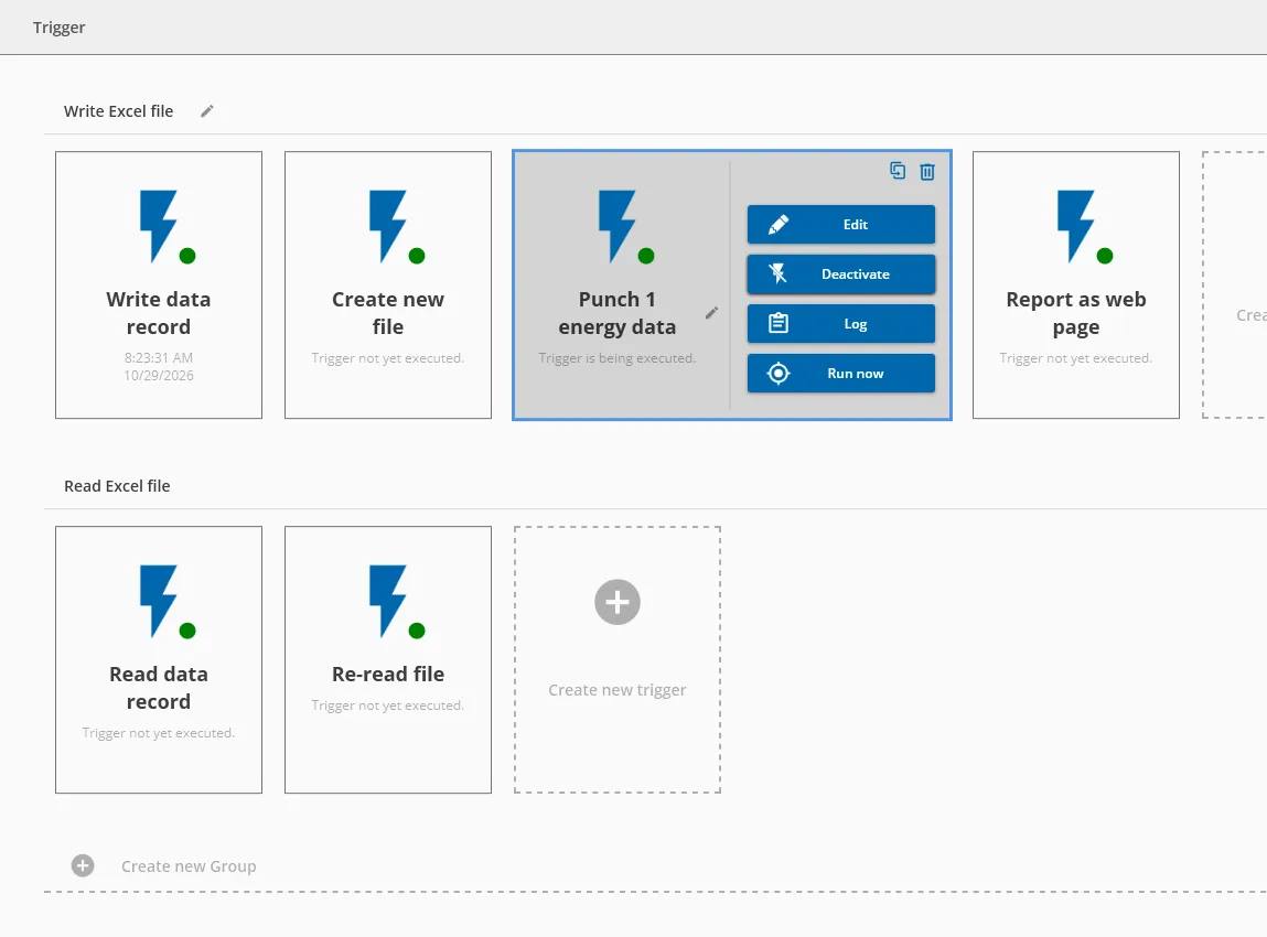 Trigger overview in DataSuite: the “Punch 1 energy data” trigger with a green dot and its last execution time