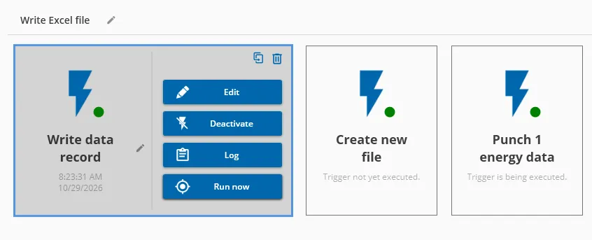 Successfully executed “Write data record” trigger in DataSuite with green dot, timestamp and the buttons Edit, Deactivate, Log and Run now