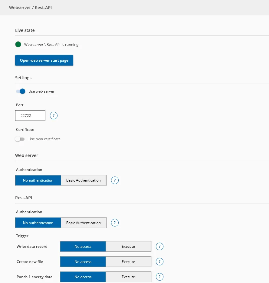 DataSuite settings page “Webserver / Rest-API” with the web server running, port 22722 and the switch “Use web server” enabled