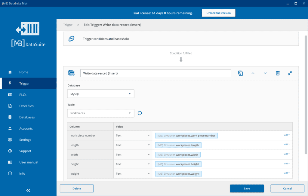 Store machine data of a S7 PLC in a SQL database - MB