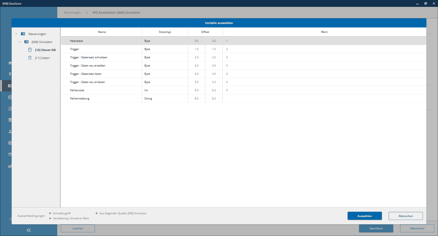 Trigger Variable im Handshake auswählen - MB Datasuite